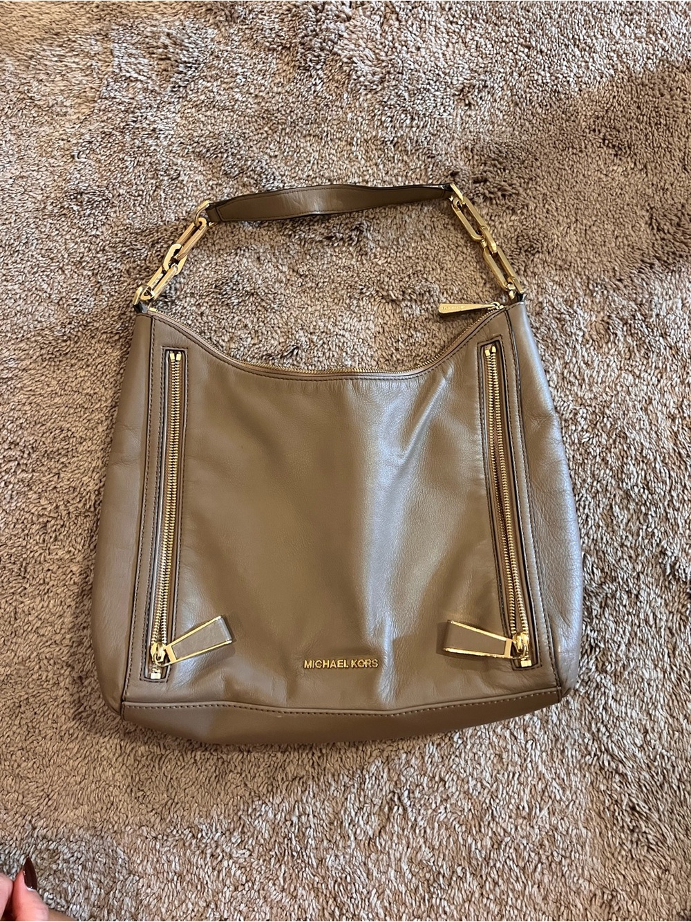 Michael Kors Taupe Leather Hobo with Gold Chain Accent